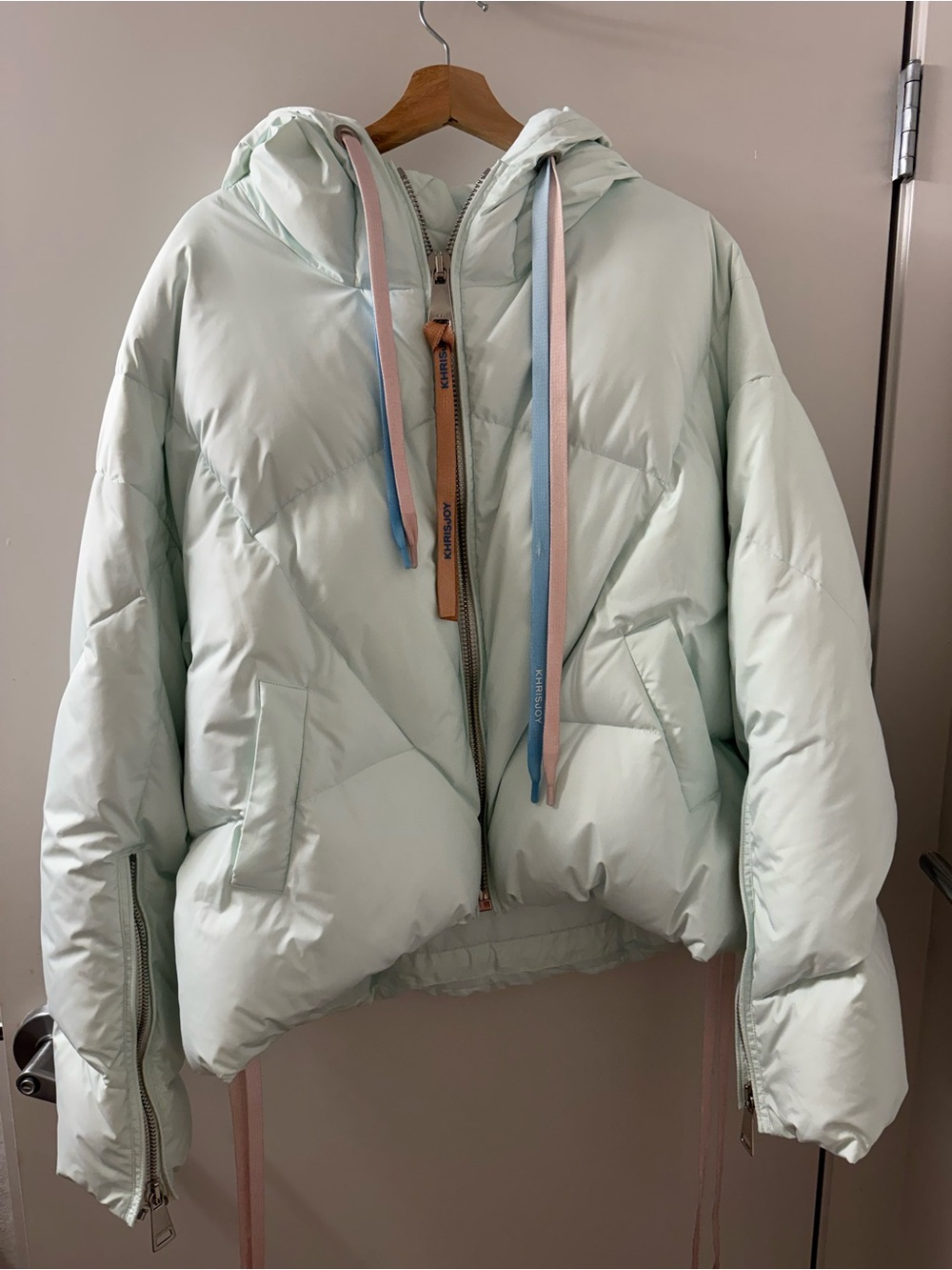 Pastel Mint Hooded Puffer Jacket with Ribbon Drawcords
